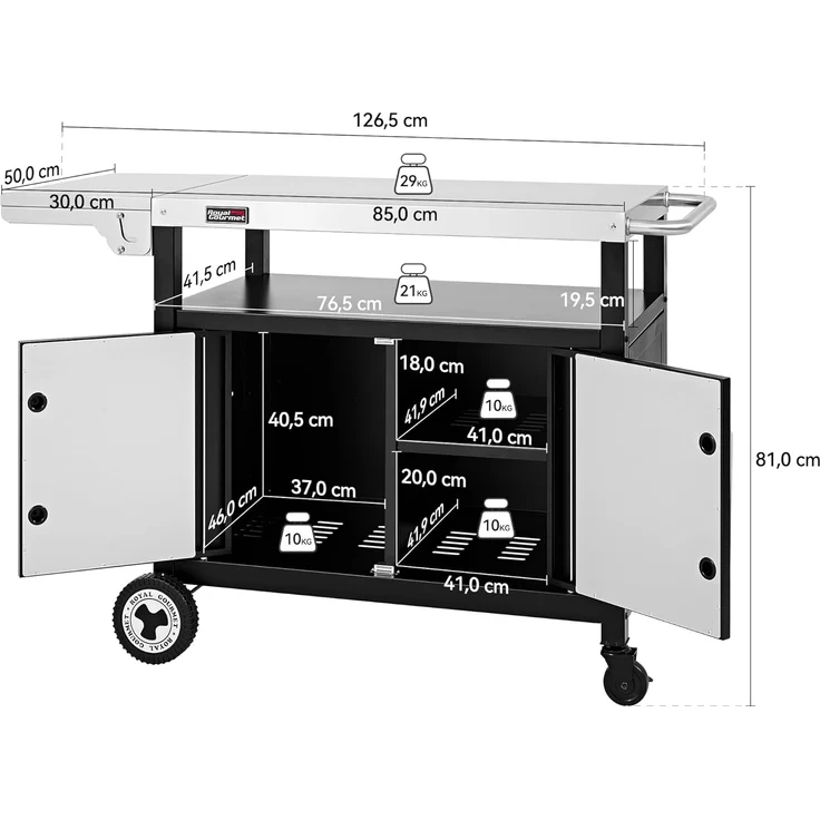 Royal Gourmet Grillwagen mit Klappbarem Seitentisch Grilltisch mit Handtuchgriff, Unterschrank, Grill Trolley mit Edelstahl Tischplatte, Servierwagen mit Rollen – Bild 3