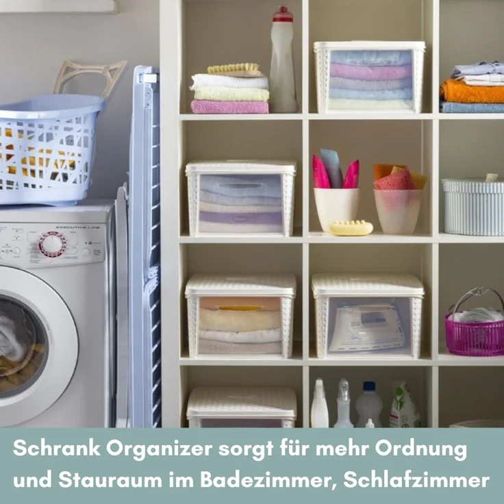 4er Set Aufbewahrungsbox mit Deckel Weiß Frontöffnung Schrank Organizer Stapelbox Kleiderschrank Korb mit Deckel Aufbewahrung Badezimmer Rattan Optik – Bild 3