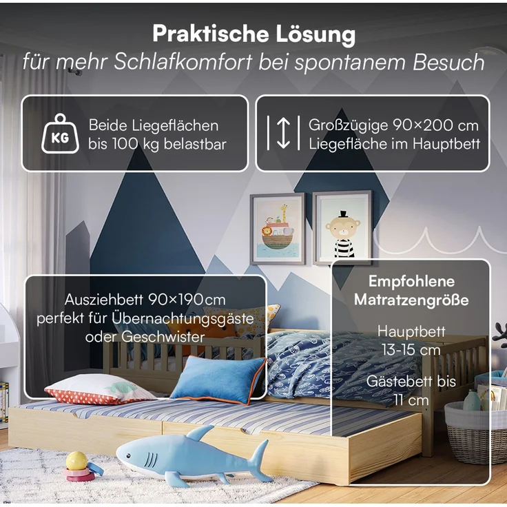 Bellabino 'Vils' Kinderbett 90x200 cm mit Gästebett 90x190 cm, natur, Kiefer Massivholz, Montessori Bett mit Ausziehbett, mit abnehmbarem Rausfallschutz und Lattenrost – Bild 6