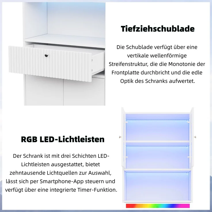 ZUBALIYA LED Glasvitrine, Bücherschrank, Büroschrank mit RGB LED Lichtleisten, Figurenvitrine, Stauraumschrank, Büromöbel, mit Schubladen, Sammlervitrine, Hochschrank, LED Beleuchtung, Weiß, 70 x 35 x 180 cm – Bild 18