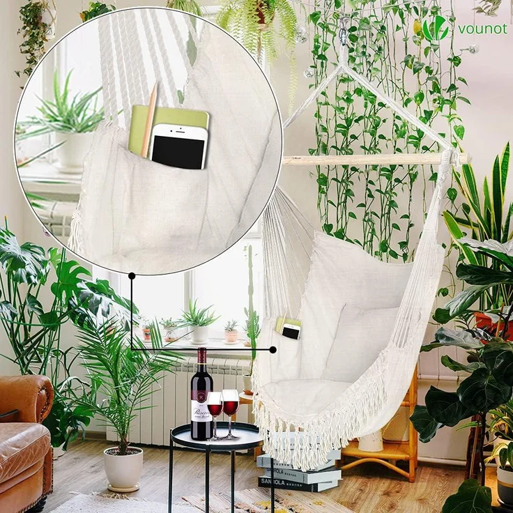 VOUNOT Hängesessel mit 2 Kissen & Bücherfach, Hängestuhl XXL Hängematte Hängeschaukel für Indoor Outdoor Garten, Beige – Bild 2
