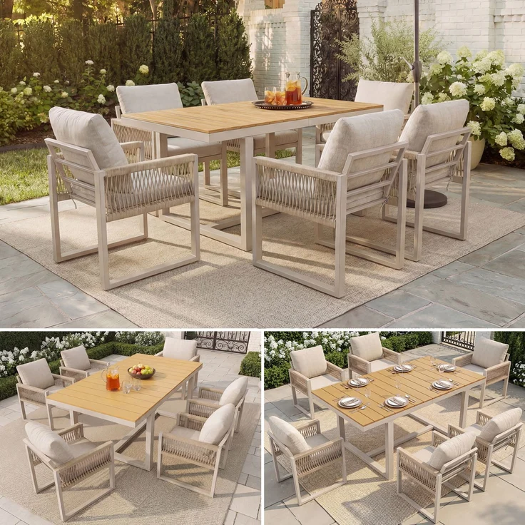 Merax 7-tlg. Garten-Essgruppe, Outdoor-Esstisch-Set, mit 1 Tisch + 6 Stühle, mit Seilgeflecht & Kissen Wetterfest, Beige – Bild 2