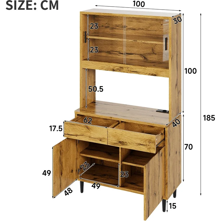 Merax Buffetschränke, Esszimmer-Hochschrank 100*40*185 cm, mehrstufigem Stauraum, integrierter Steckdose sowie USB-C- und USB-A-Anschlüssen,Mit farbigem Lichtstreifen, Eichenfarbe – Bild 4