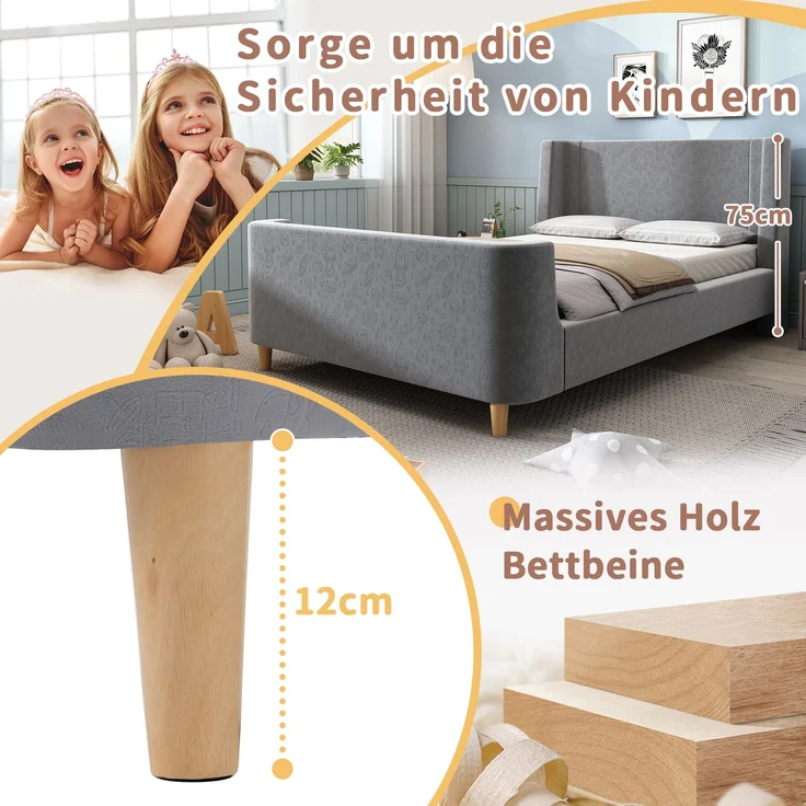 Merax Kinderbett Polsterbett,Einzelbett Schlittenbett mit kosmischem Muster, 90 x 200 cm, Für Jungen & Mädchen, Grau, Samt (Ohne Matratze) – Bild 6