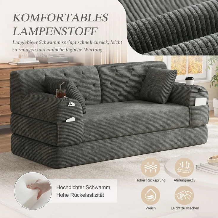 TavilaEcon 2-Sitzer Schlafsofa, komprimiertes Cord Sofa mit hoher Rückenlehne grau 81 × 80 × 168 cm (H × T × B) – Bild 8