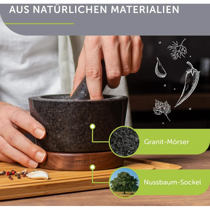 madeco Mörser mit Stößel Granit auf Holzsockel Nussbaum Ø 14,5 cm - Perfekt geeignet für Gewürze, Kräuter & Nüsse - Steinmörser Set - Design Granit Mörser & Stößel groß – Bild 5