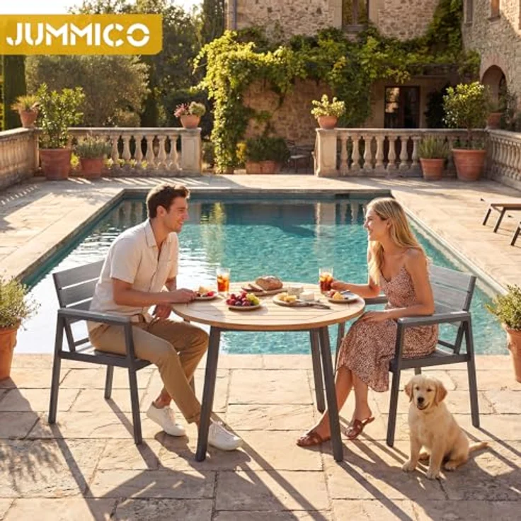 JUMMICO Gartenstuhl klappbar, stapelbar mit breiter Rückenlehne & Voll-Aluminium Gestell, Grau mit Holzoptik – Bild 8