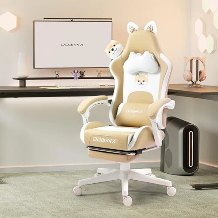 Dowinx Gaming Stuhl - Süße Hund Edition - Ergonomischer Computerstuhl mit Hoher Rückenlehne und Lendenwirbelstütze, PU-Leder, Fußstütze, Hund – Bild 3