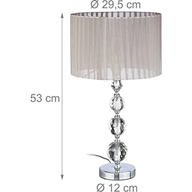 Relaxdays Nachttischlampe Kristall, Tischlampe mit Stoffschirm, 53 cm hoch, grau/silber, E27-Fassung, 40 W max. – Bild 4