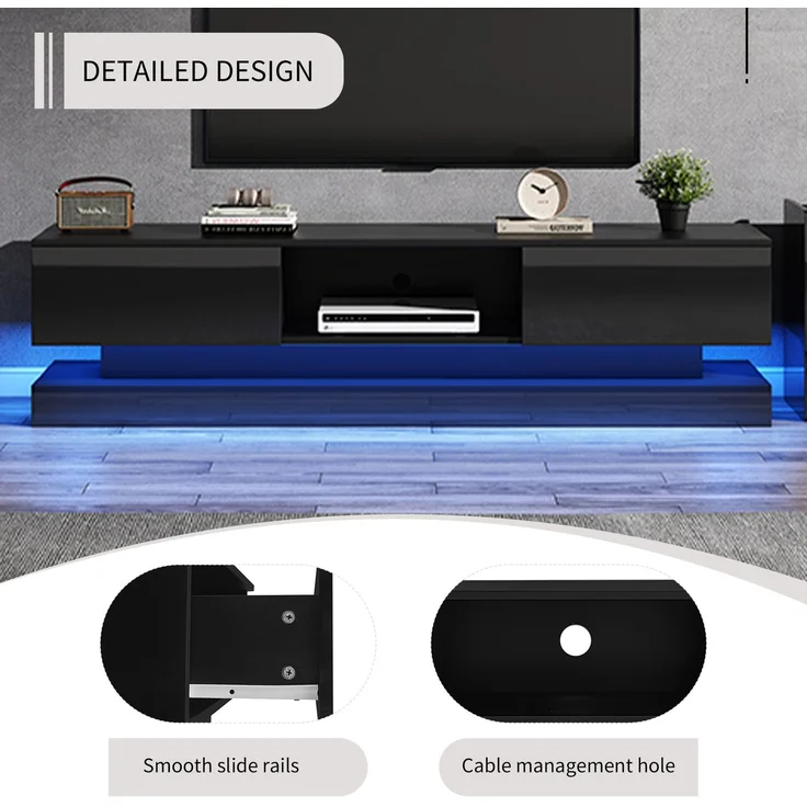 Merax 160*35*40,5 cm Schwarzer Hochglanz-TV-Ständer mit LED-Beleuchtung, 2 Schubladen, Anwendungssteuerung, Anti-Kipp-Design, geeignet für 60-Zoll-Fernseher, TV-Schränke, TV-lowboard – Bild 3
