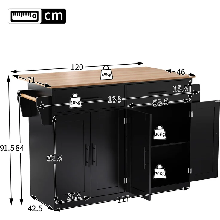 Servierwagen 120x46x91 cm mit klappbarer Tischplatte, Rollen und austauschbaren Holzfüßen, Kücheninsel und Sideboard, Schwarz & Natur – Bild 10