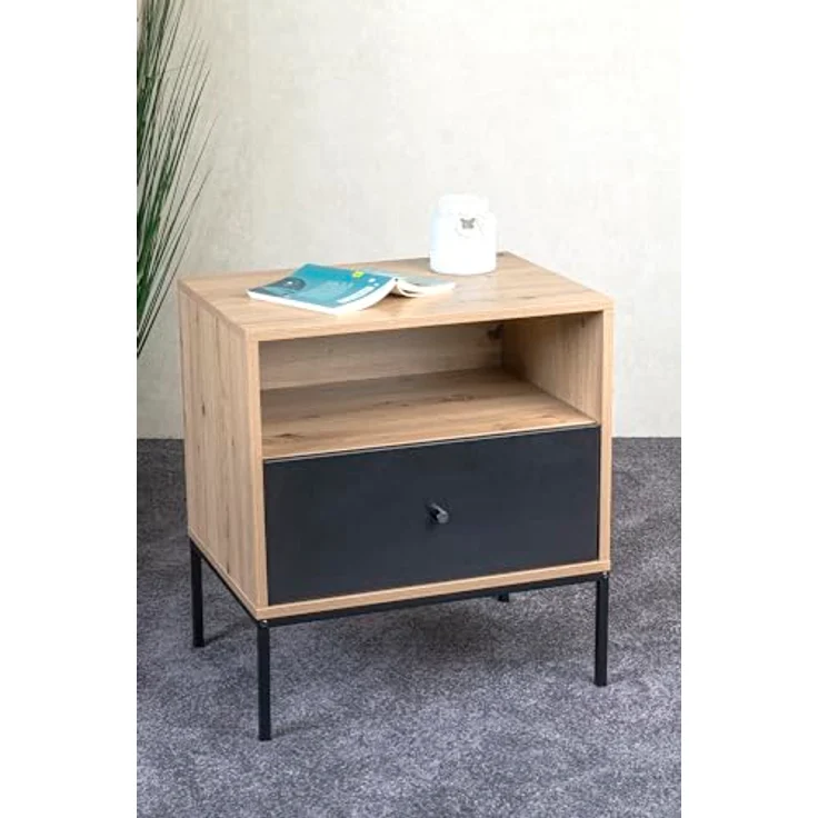 XXXL Beistelltisch Schwarz, Eiche, Metall, mit 1 Schublade und offenem Fach, rechteckig, 42x60x55 cm – Bild 2