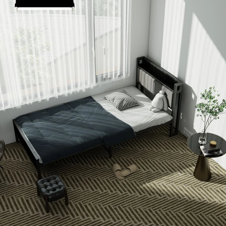 Einzelbett aus Metall mit USB-Anschlüssen & Stauraum-Kopfteil, ohne Matratze, 90x200 cm, Schwarz – Bild 7
