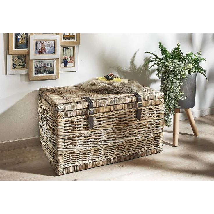 Kobolo Truhe Sitztruhe aus Rattan Kubu grau mit Stoffeinsatz – Bild 8