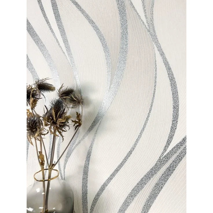 Newroom Vliestapete, Weiß Tapete Streifen Wellen - Wellenmuster Metallic Grau Silber Modern 3D Optik Linien Struktur für Wohnzimmer Schlafzimmer Küche – Bild 2