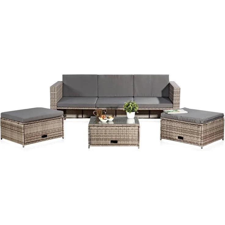 Polyrattan Sitzmöbel Set Sofa Tisch 2 Hocker grau Lounge Gartenset Rattanmöbel – Bild 3