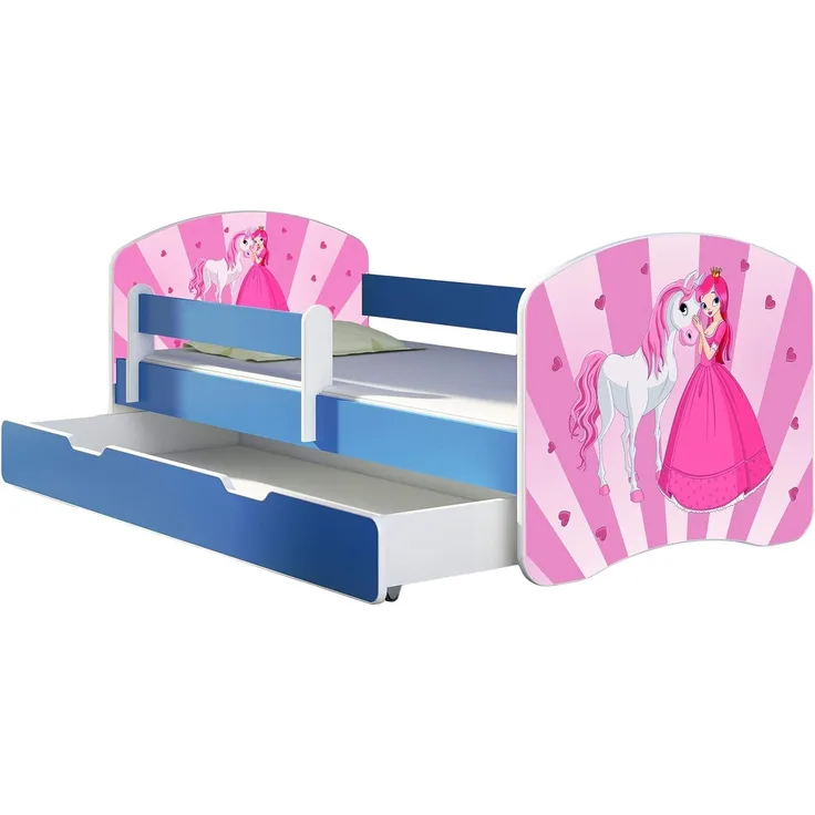 ACMA Kinderbett Jugendbett mit Einer Schublade und Matratze Blau mit Rausfallschutz Lattenrost II 140x70 160x80 180x80 (08 Princess, 180x80 + Bettkasten)
