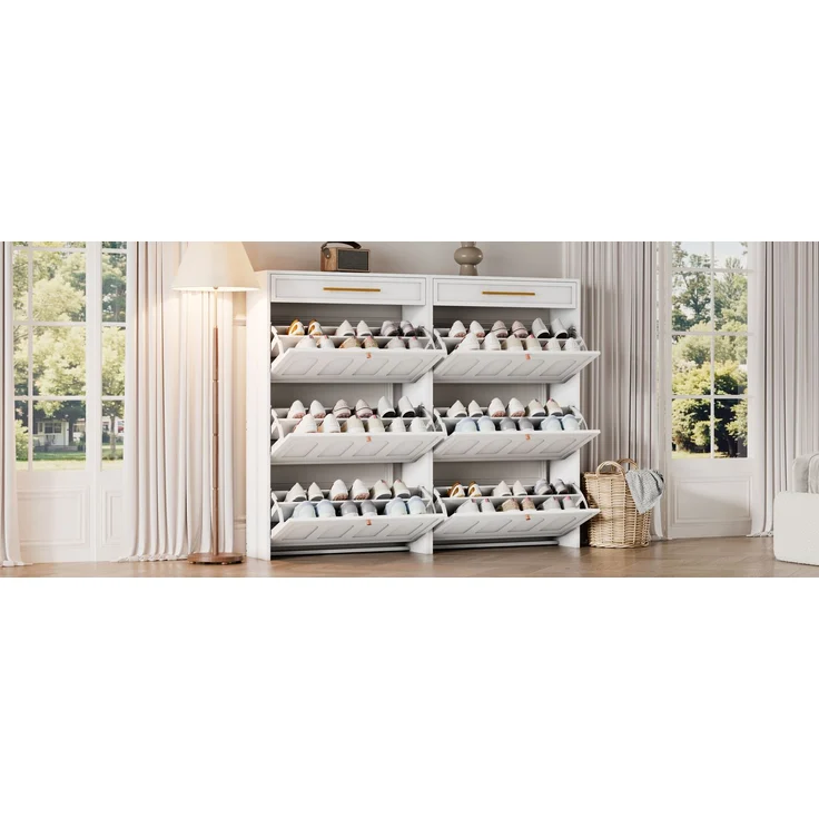 ZUBALIYA Schuhschrank (140 x 25 x 123,5 cm), 2 Schubladen, Verstellbare Einlegeböden, Stauraum für Flur und Eingangsbereich, Weiß – Bild 15