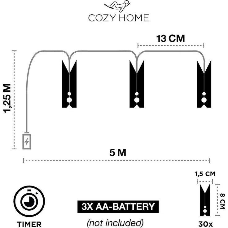 COZY HOME LED-Lichterkette Fotoclip Lichterkette - Batterie und Stecker, 30 Fotoclip LEDs I Timer-Funktion I 6 Meter I Warmweiße LED – Bild 2