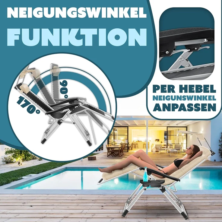 KESSER® Sonnenliege Liegestuhl, klappbare XXL Gartenliege Wetterfest, Belastbar 200kg, Ergonomisches Polster verstellbare Rückenlehne inkl. Nackenkissen Getränkehalter & Armpolster, mit Dach Beige – Bild 6