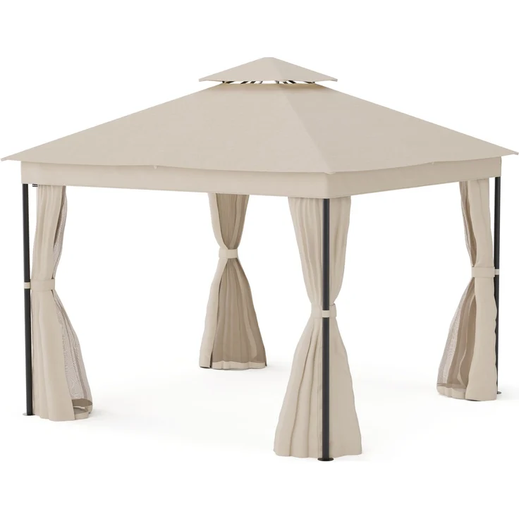 Blumfeldt Mondo Dual Pavillon 3x3 – Doppeldach & Moskitonetze, Wetterfester Metallrahmen, Vorhänge Für Privatsphäre, Gartenpavillon, Leicht Zu Montieren, Beige – Bild 4