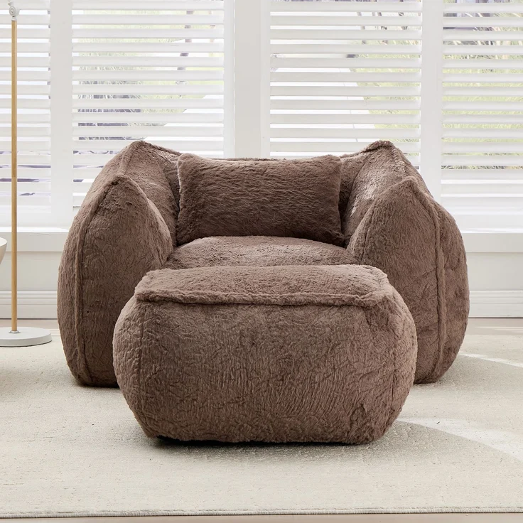 Riesiger Sitzsack für Erwachsene und Kinder, Sitzsack-Sofa mit Kunstfellbezug, Kissen und Hocker, bequemes Lese- und Spielsofa für Schlaf- und Wohnzimmer, Khaki--khaki--123x157x73cm--YOUDENOVA – Bild 2