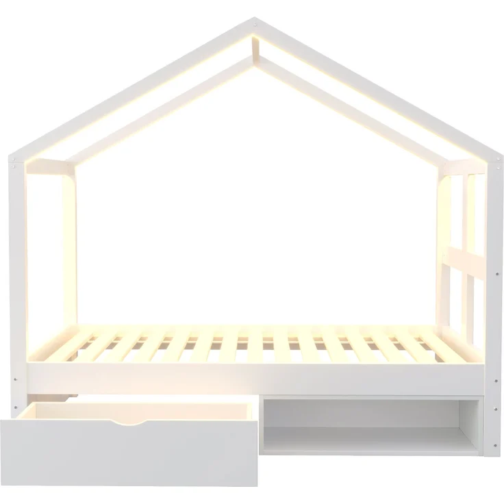 Merax Einzelbett, Jugendbett, Holzbett 90×190 cm, mit Schubladen und kleinem Schuhschrank, mit mehrfarbiger LED-Beleuchtung, Lattenrost, Weiß – Bild 6