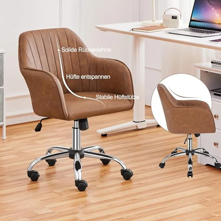 Yaheetech Homeoffice Stuhl, Schminkstuhl, Schreibtischstuhl, höhenverstellbar Drehstuhl, Bürostuhl mit gepolstertem Samtstoff, für Arbeitszimmer, Schlafzimmer, bis 136 kg belastbar, Retrobraun – Bild 9