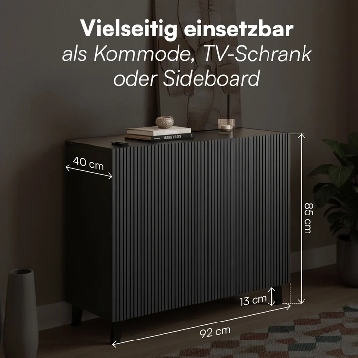 Bellamio 'Tana' Kommode, schwarz mit geriffelter Front, 85x40x92 cm, Sideboard mit 2 Türen und 4 Fächern – Bild 6