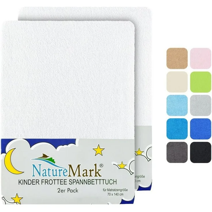 NatureMark Spannbettlaken Frottee Spannbettlaken, 80% Baumwolle / 20% Polyester, Gummizug: rundum, (2 Stück), 2er Set Kinder Spannbettlaken Frottee, Spannbetttuch 80% Baumwolle / 20% Polyester, für Babybett und Kinderbett, 70x140 cm - Weiß