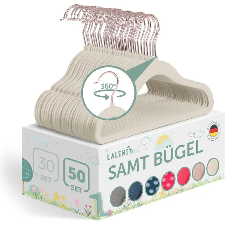 Laleni Kinderkleiderbügel - 50 sensibles protested Kleiderbügel mit Samt Rutschfest - 360° drehbare - Rosegold & Elfenbein