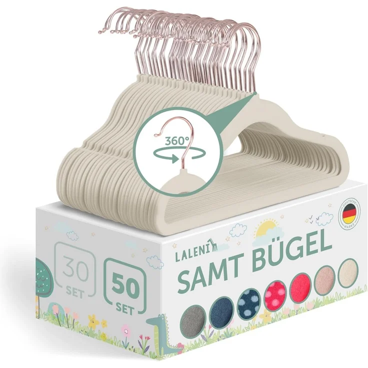 Laleni Kinderkleiderbügel - 50 sensibles protested Kleiderbügel mit Samt Rutschfest - 360° drehbare - Rosegold & Elfenbein