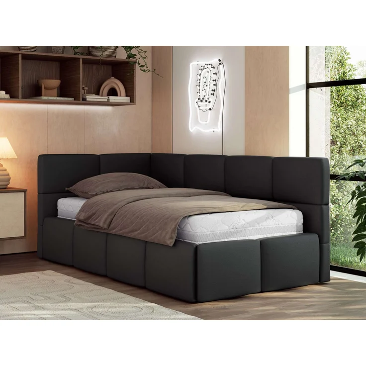 Jugendbett 90x200 ARVO Polsterbett mit Bettkasten, Stauraum & Gasdruckfeder, Modernes Design mit Kopfteil, Pocket Matratze - Schwarz Kunstleder - VIRE LUX - Links Seite – Bild 1