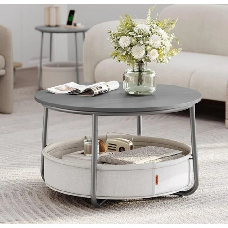 VASAGLE Couchtisch oval, Tisch mit Stauraum, Beistelltisch, Wohnzimmertisch mit Korb aus Stoff, modern, Metallrahmen, zementgrau – Bild 1