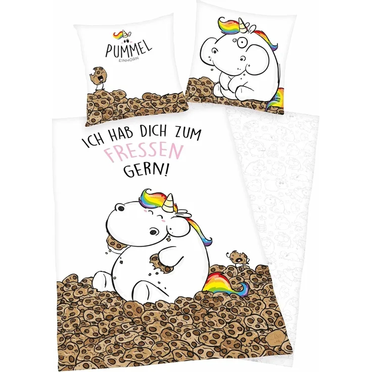 Herding Jugendbettwäsche Einhorn Biber Flanell Wende Bettwäsche 2 tlg. 135x200cm Pummeleinhorn, Flanell, 2 teilig, Ich hab Dich zum Fressen gern, warme Bettwäsche mit Wendemotiv