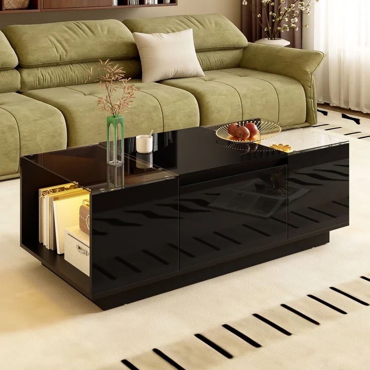 LED-Couchtisch 105×50×35 cm Schwarz Hochglanz Tisch mit Glasplatten, LED-Beleuchtung steuerbar via Bluetooth und App – Bild 2