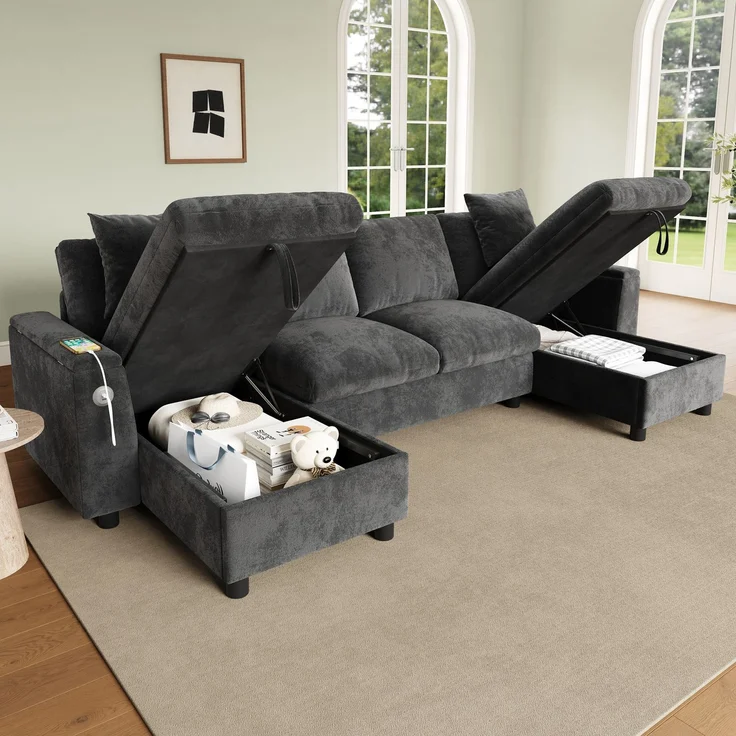 Chenille-U-Sofa mit 2 Stauraum-Chaiselongues, USB und USB-C, gepolsterte modulare Wohnlandschaft 279 cm mit Taschenfederkern, Grau – Bild 6