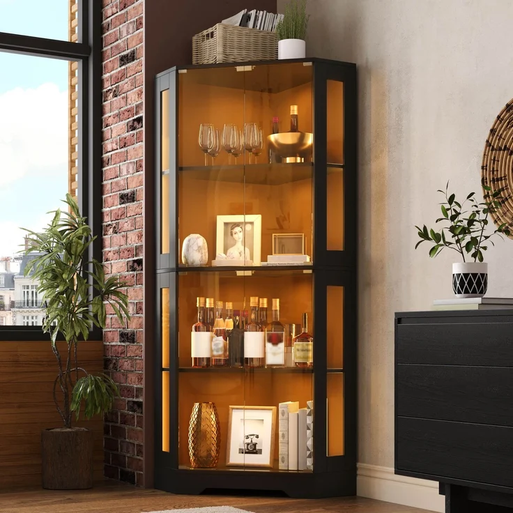 Merax 165 cm Glasvitrinenschrank mit LED, 4-stufiger Sicherheitsglas-Eckschrank, moderner Weinschrank, Schwarz – Bild 2