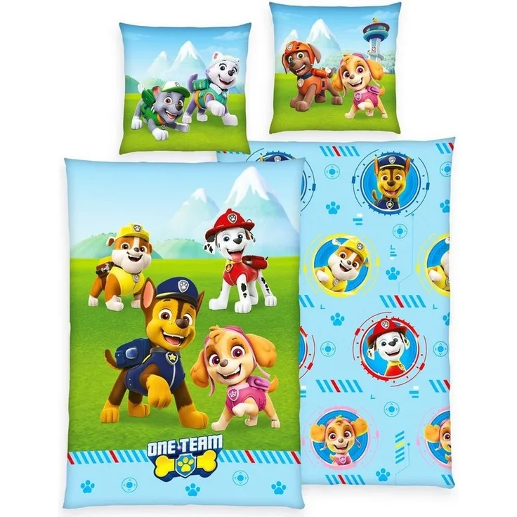 Herding Kinderbettwäsche 135x200cm Paw Patrol Hunde One Team Patrouille, Renforcé, 2 teilig, Everest und Skye Superhelden in den Bergen, mit Knopfleiste