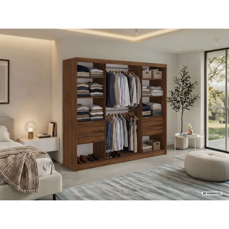 Schwebetürenschrank NAURU mit Lamellen-Optik, moderner Kleiderschrank, Breite 240 cm, inkl. Innenausstattung & Stauraum, Akustikpaneel-Design - Warmia-Nuss und Schwarz - mit Schubladen – Bild 3