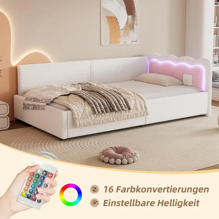 Schlafsofa mit LED-Beleuchtung und Lattenrost, 90x200 cm, Polsterbett, Einzelbett, Jugendbett, Vlies – Bild 5