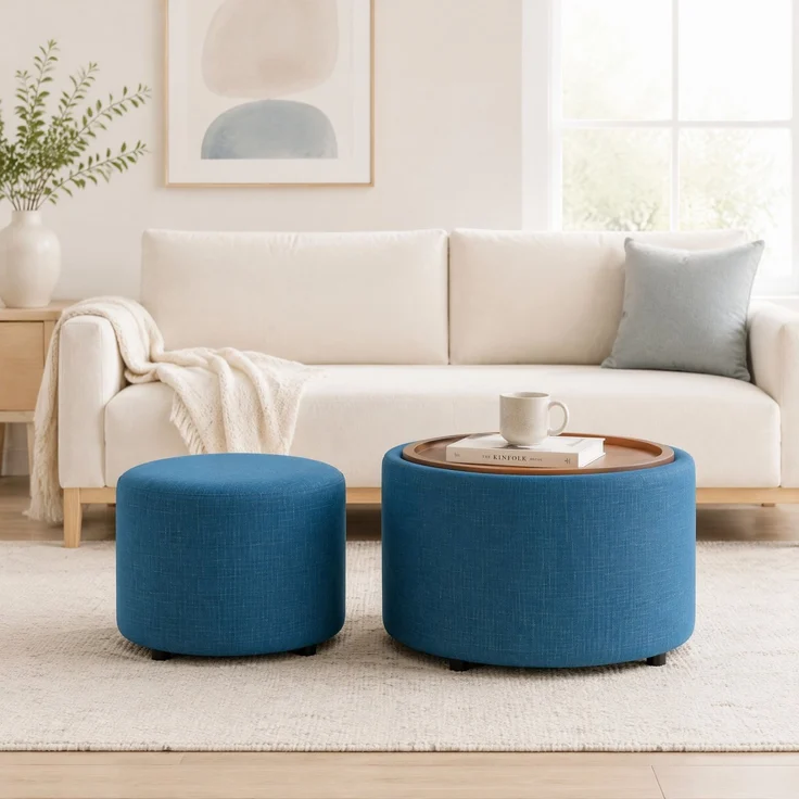 Hocker-Set, 2-teilig, 38x58x58 cm, Leinen Blau, Stauraum & Holztablett – Bild 2