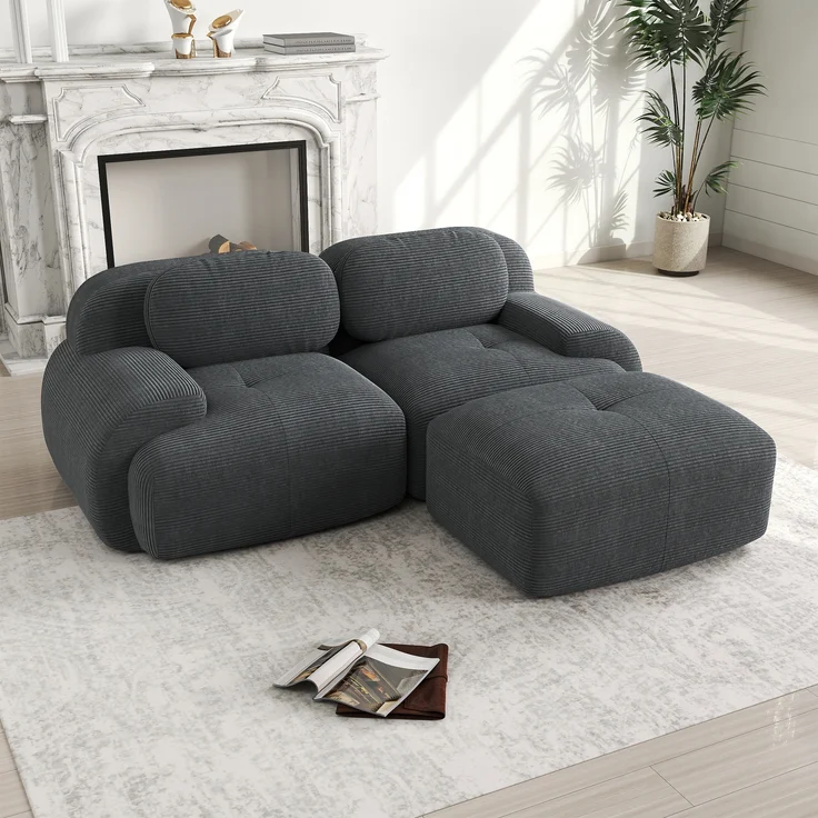 Ecksofa, aus weichem Cordstoff modular kombinierbar mit gebogenen Armlehnen ohne Montage hochelastische Schaumstoffpolsterung für Wohnzimmer Ruhezonen und Schlafzimmer, Cordstoff, Grey – Bild 2