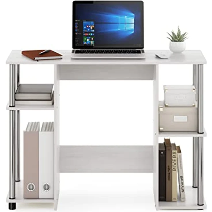 Furinno JAYA Kompakter Computer-Studientisch, Weiße Eiche, Edelstahlrohre – Bild 5