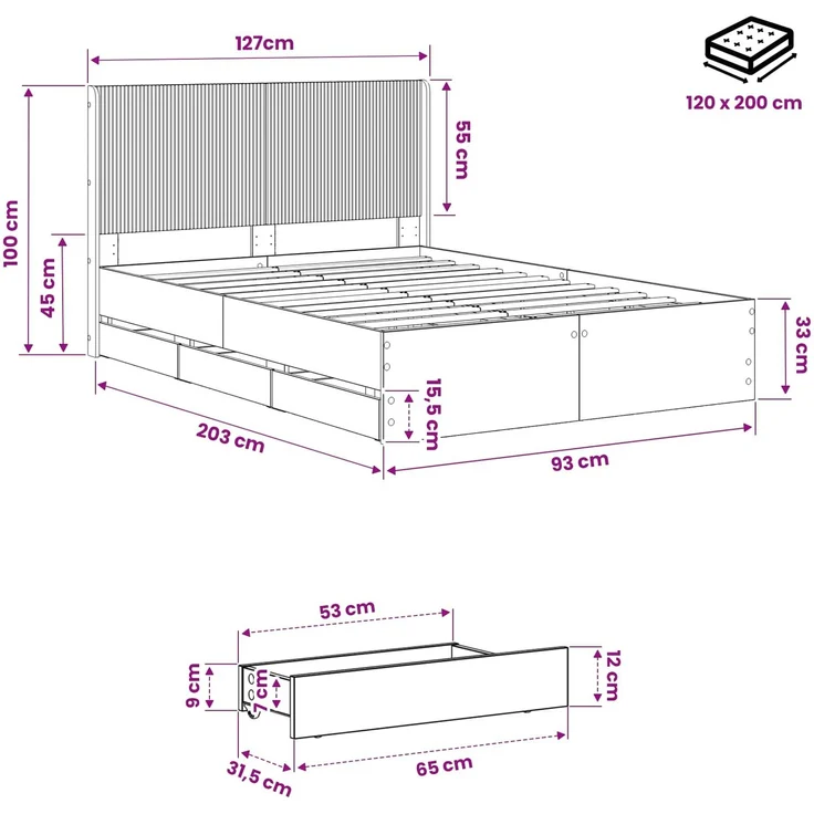 vidaXL Bettgestell mit Stauraum und Kopfteil Artisan-Eiche 3445803 – Bild 10