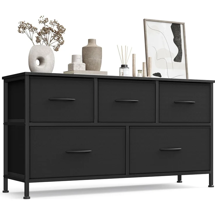 SONGMICS Kommode, Schrank, 5 Stoffschubladen, Aufbewahrungsschrank, Stahl, MDF, Vliesstoff, für Schlafzimmer, Flur, Wohnzimmer, tintenschwarz-ebenholzschwarz LGS322BH03