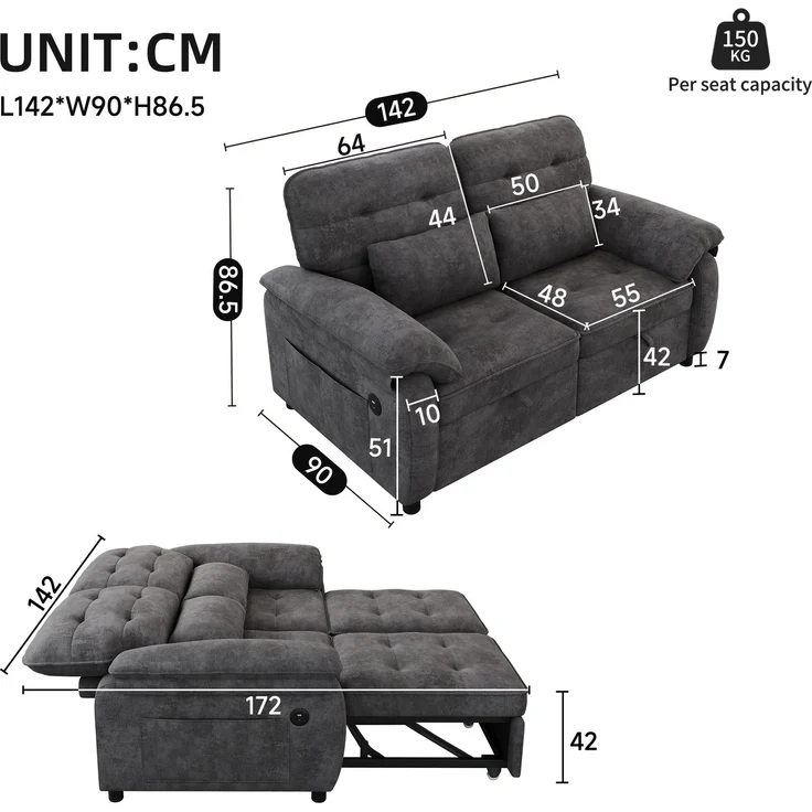 Merax 3-in-1 Doppelschlafsofa, faltbares Sofa mit verstellbarer Rückenlehne und Bettfunktion, umwandelbare Schlafcouch mit USB‑Ladeanschluss, Chenille‑Stoff, Grau – Bild 4