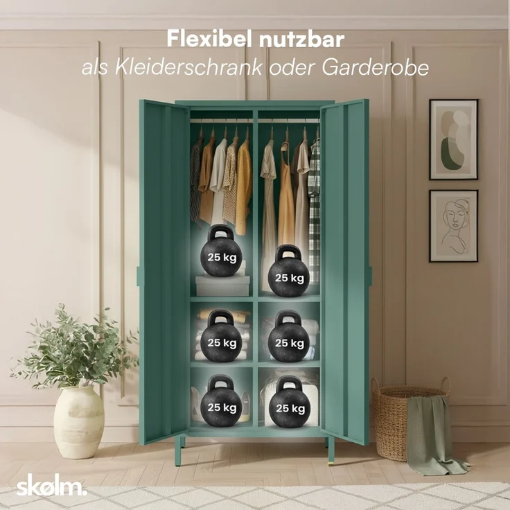 skølm 'Ituri' Kleiderschrank, Metall, 170x45x80 cm, dunkelgrün, Garderobe mit 4 Fächern und 2 Kleiderstangen – Bild 5