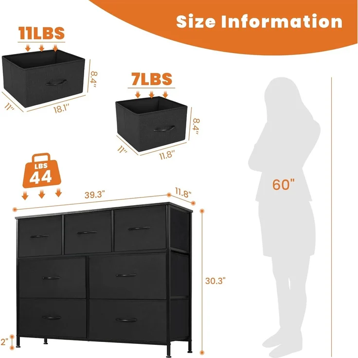 DUMOS Kommode für Schlafzimmer mit 7 Stoffschubladen, hohe Kommode Organizer für Kleidung, Schrank Kinderzimmer, Aufbewahrungsturm mit Schrank, Metallrahmen, Holzplatte, leichte Kinderzimmermöbel – Bild 3