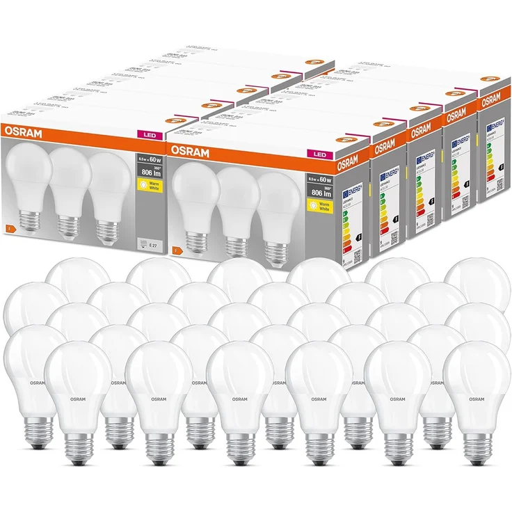 OSRAM LED Base Classic A, in Kolbenform mit E27-Sockel, Nicht Dimmbar, Ersetzt 60 Watt, Matt, Warmweiß - 2700 Kelvin, 10x3er-Pack